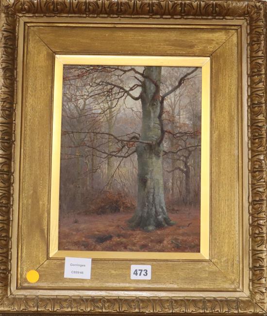 Attributed to Frederick Golden Short, oil on wooden panel, Woodland in winter, 30 x 22cm